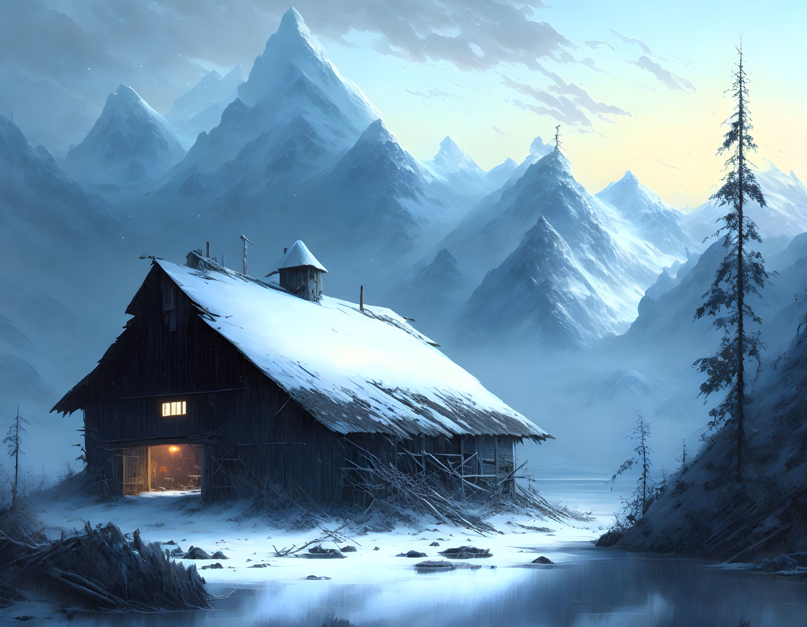 Snow-covered cabin in misty mountain setting