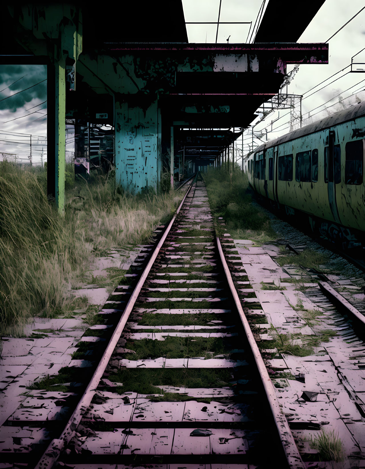 Desolate railway station with overgrown grass, graffiti-covered train, and cloudy sky