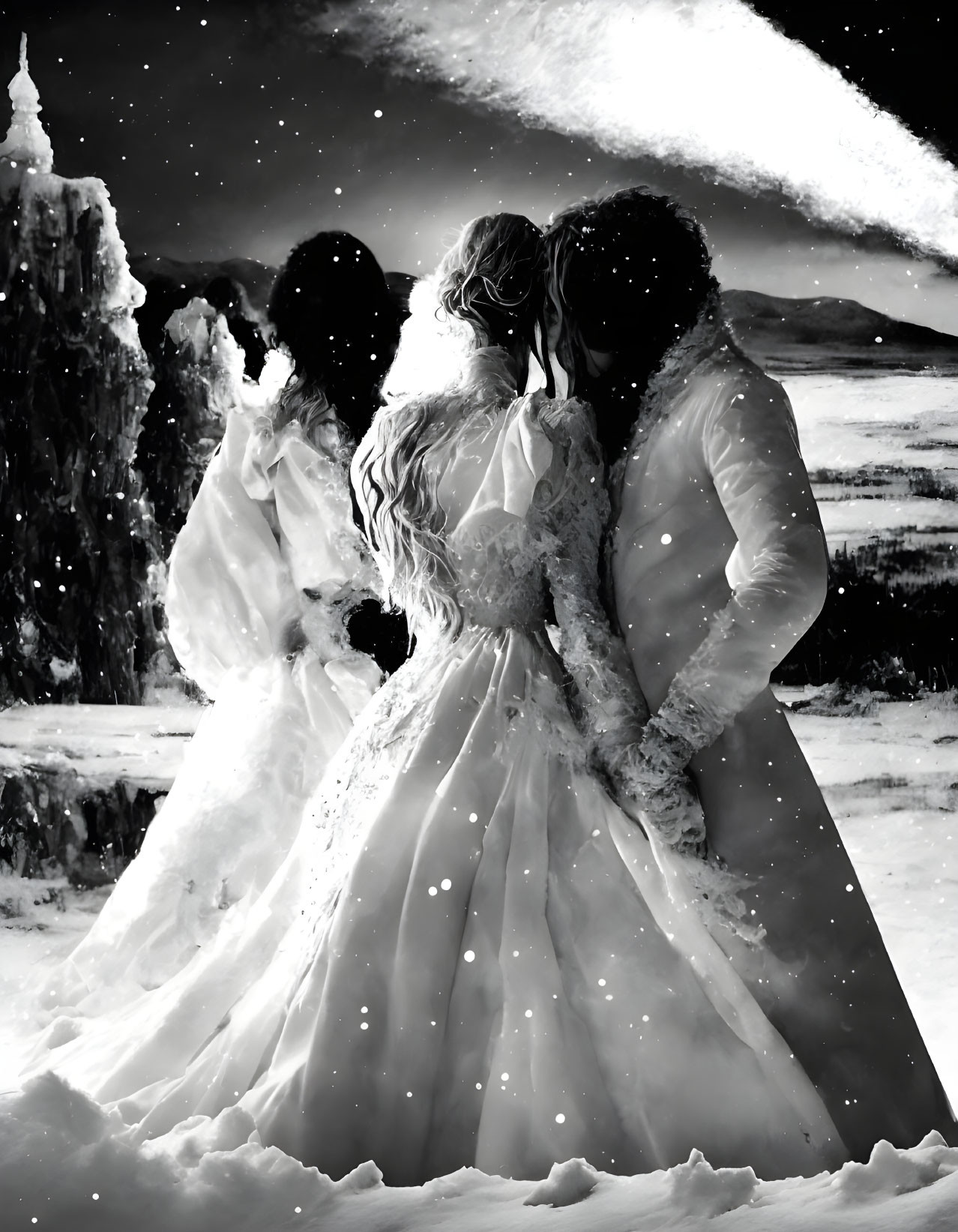 Romantic scene with two individuals in white dresses under starry sky