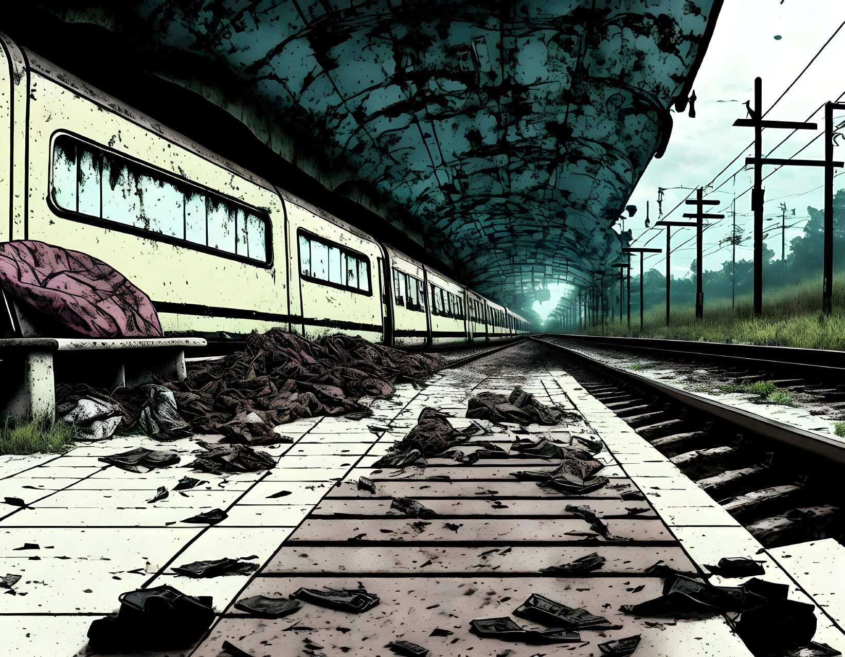 Illustration of abandoned train tracks under deteriorating structure