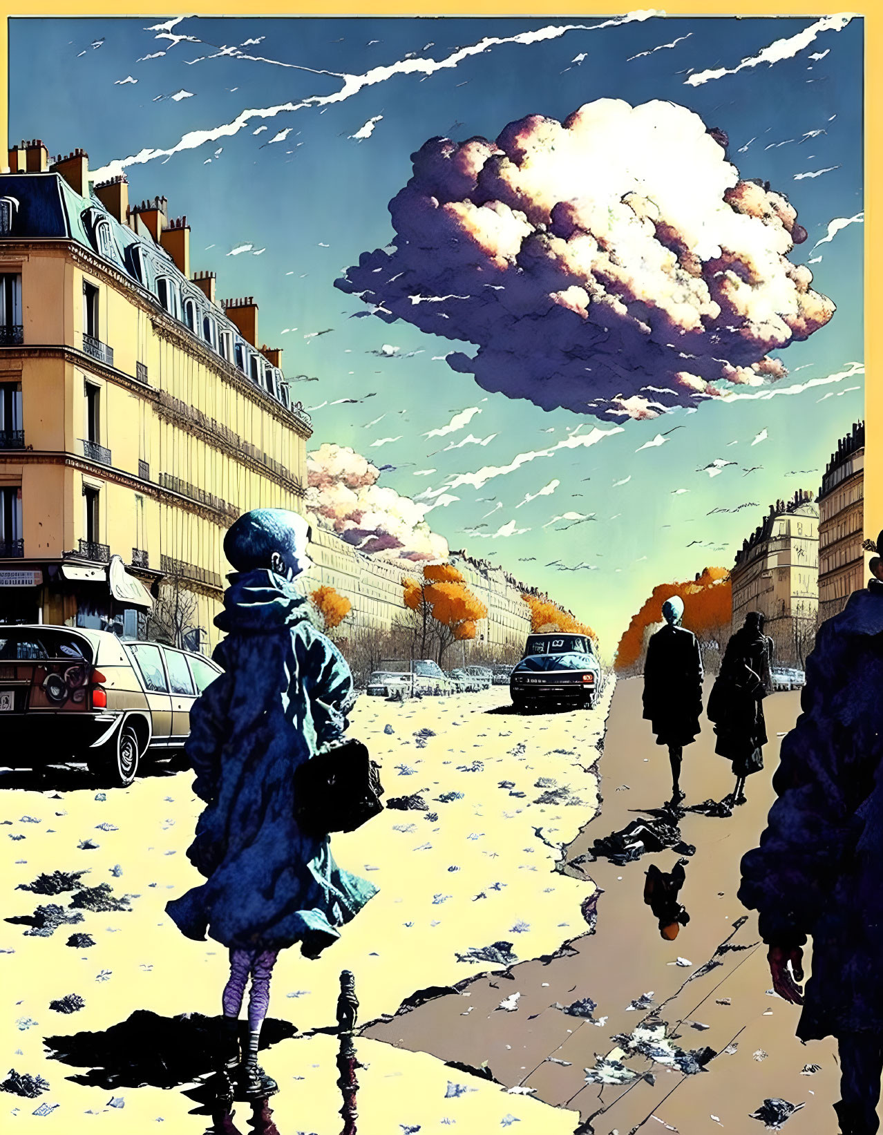 Vibrant city street scene with pedestrians and vehicles under a striking cloud.