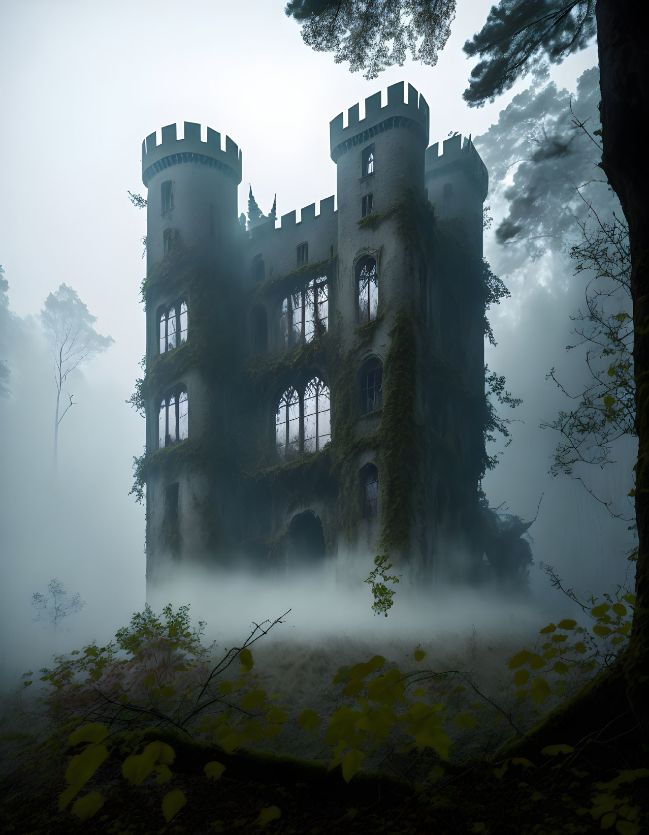 Ivy-covered castle with towering turrets in foggy forest