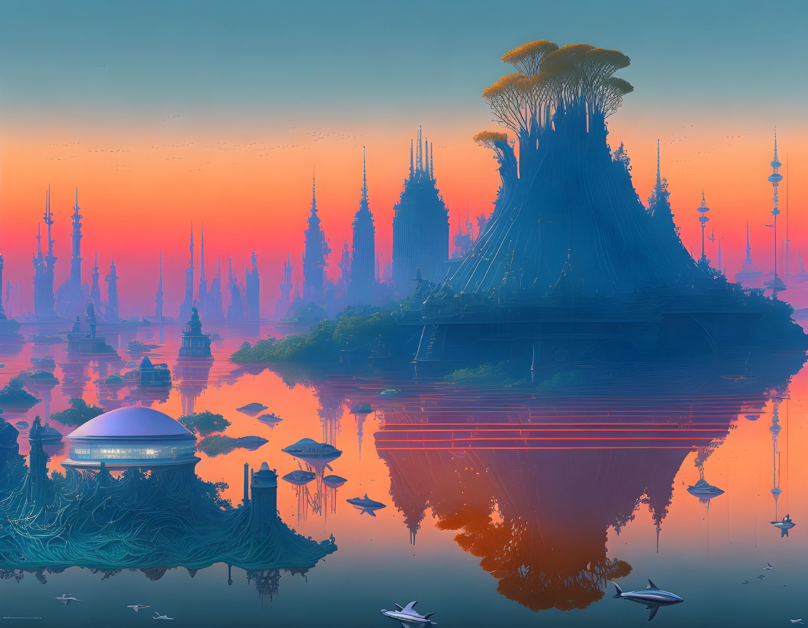 Futuristic cityscape with tree-like structure and floating entities