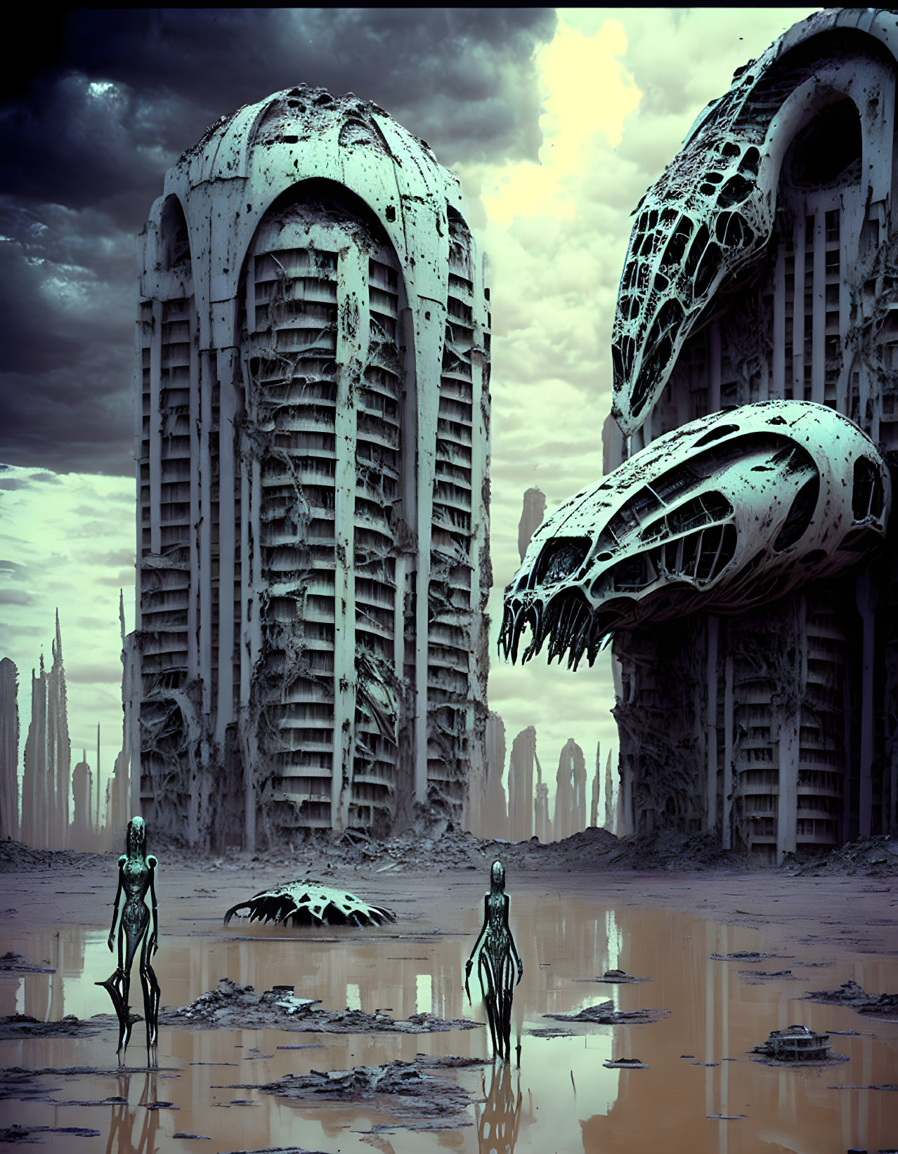 Desolate landscape with humanoid figures and skull-shaped structures