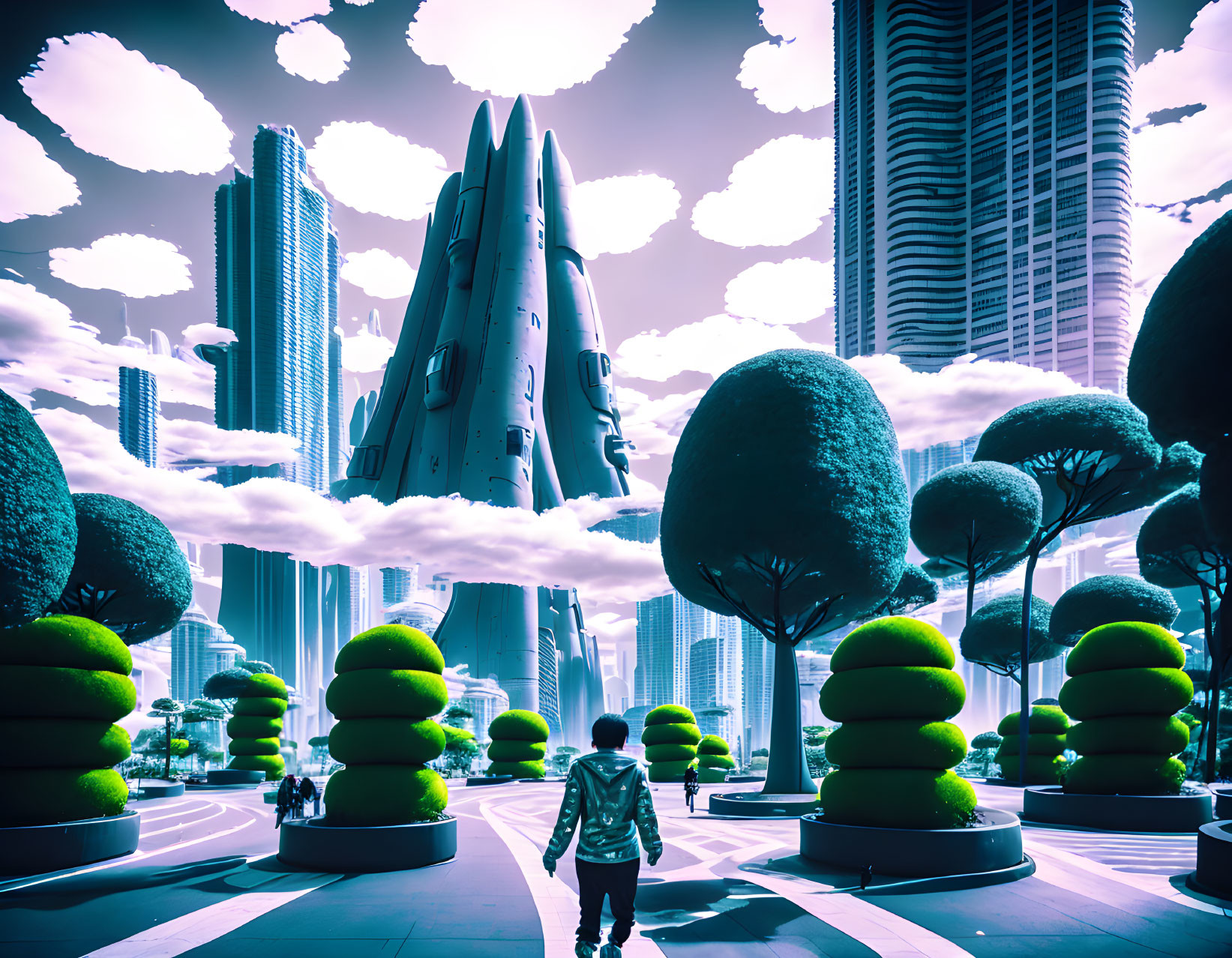 Futuristic cityscape with skyscrapers, topiary, and teal sky