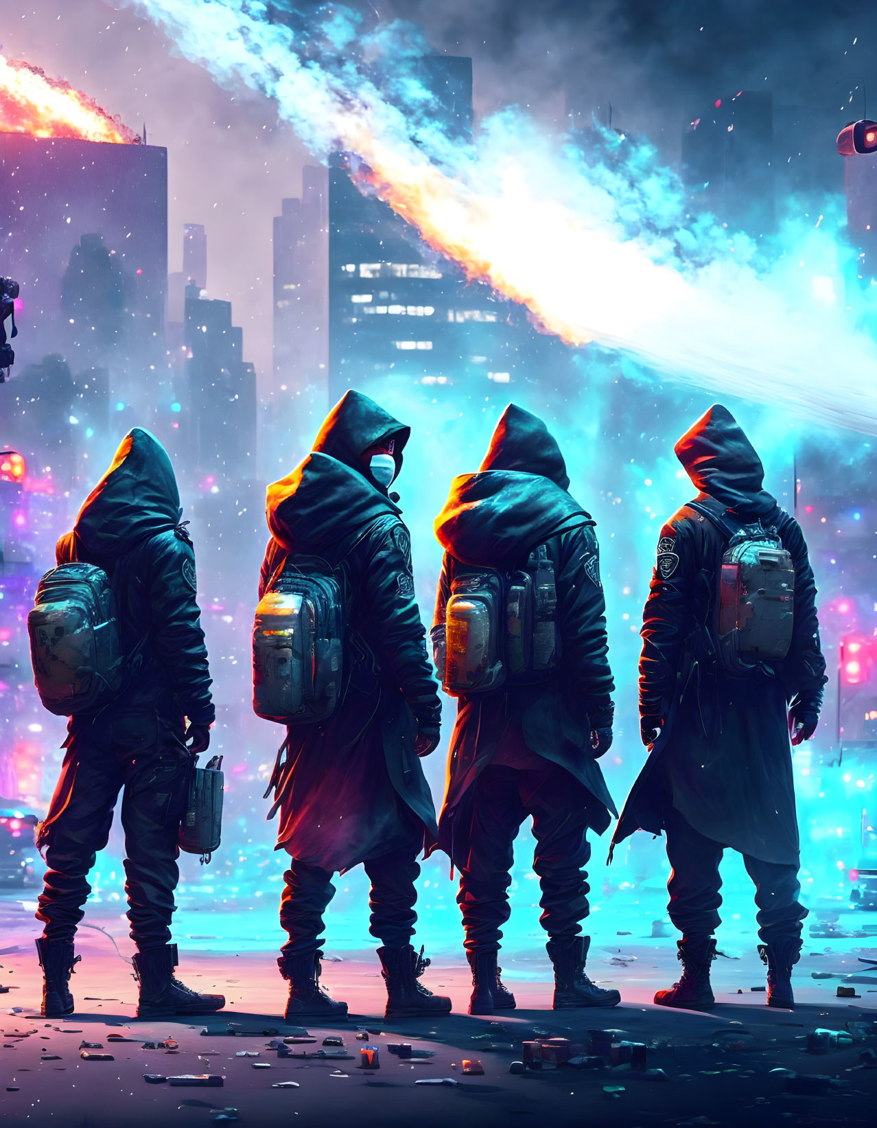 Hooded figures with backpacks in neon-lit futuristic cityscape.