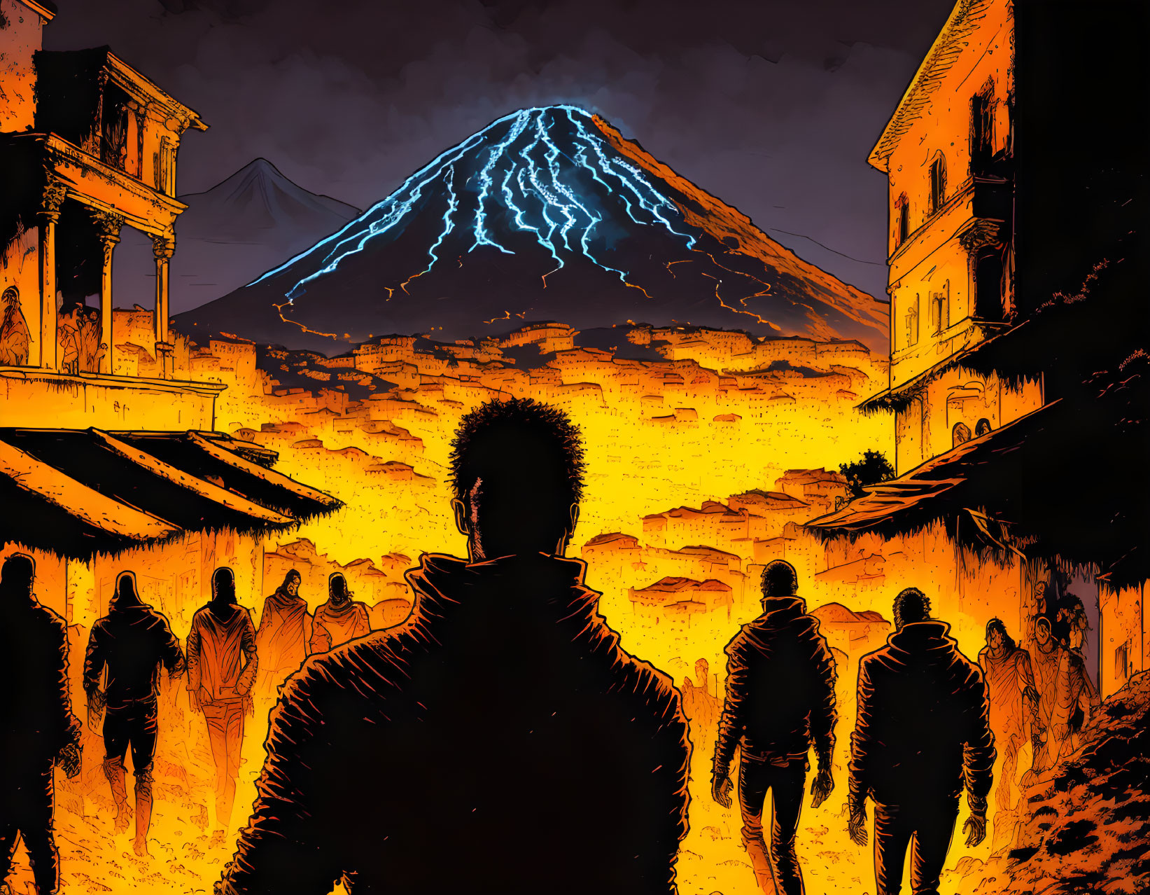 Illustration: Person watches crowd near volcanic eruption in city covered by lava and ash under dark sky