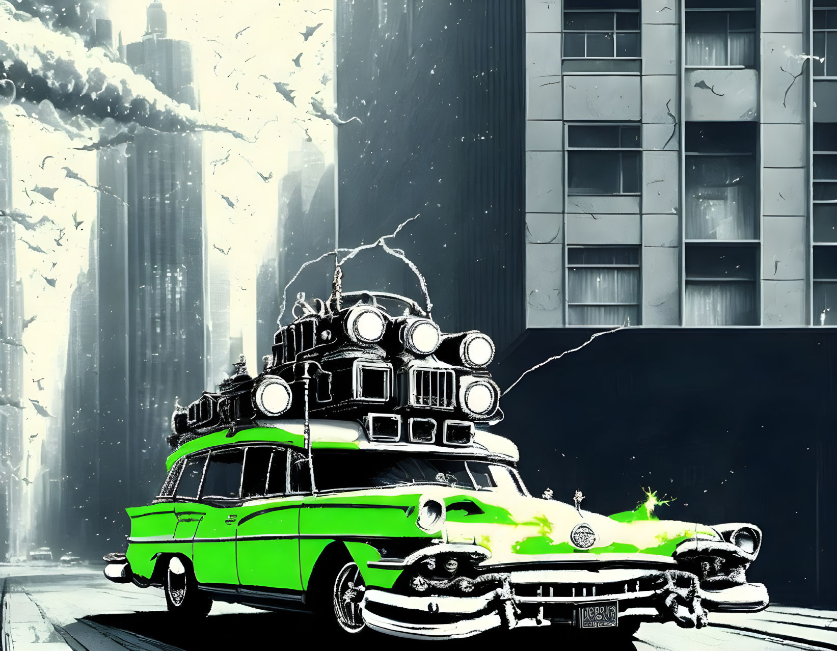 Iconic Ghostbusters Ecto-1 Car Illustration with City Street Scene