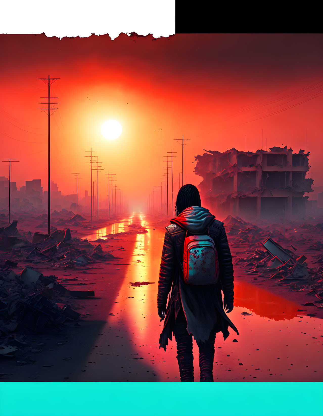 Person with backpack walking on desolate street at sunset under dramatic red sky