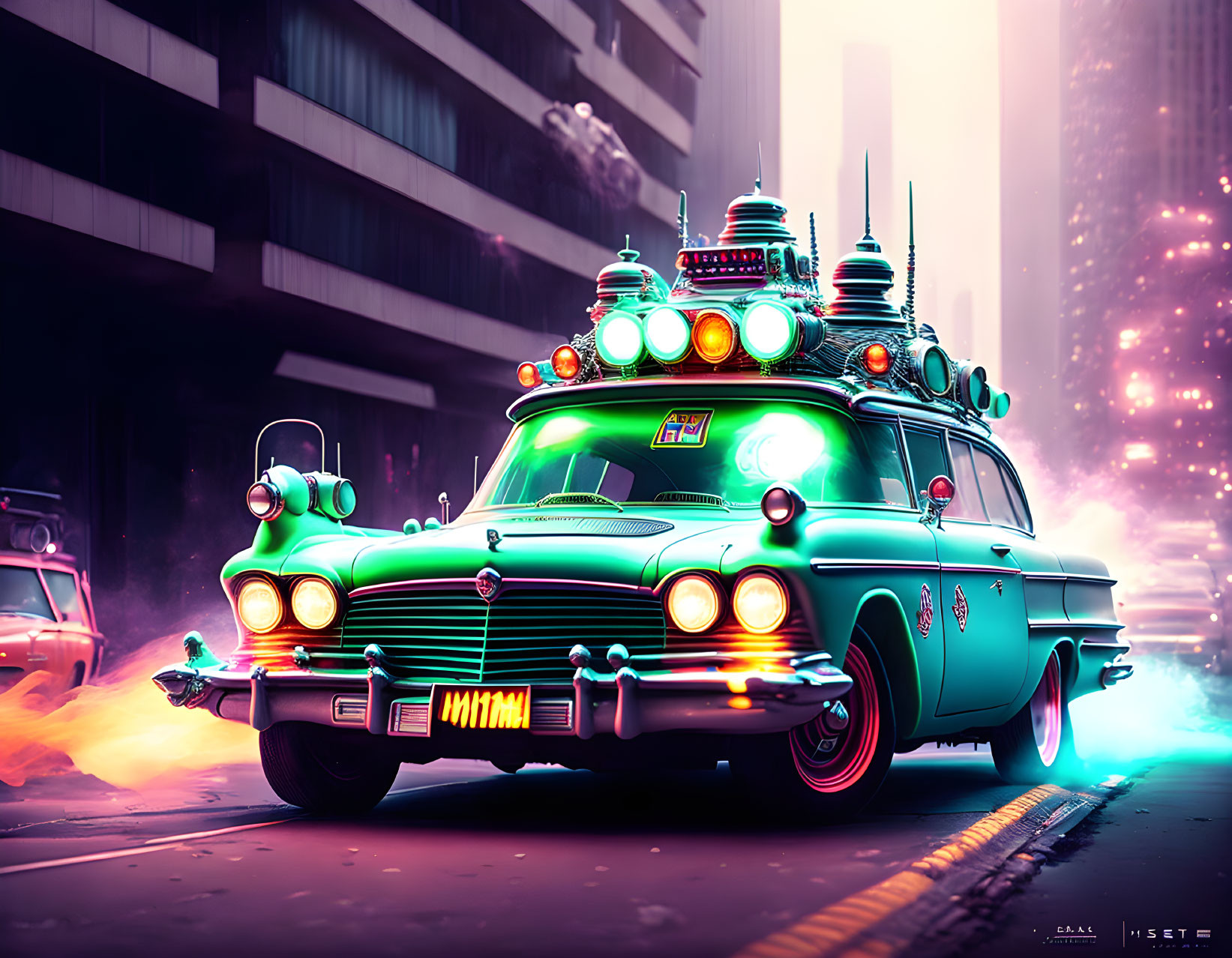 Classic Car with Futuristic Modifications and Neon Lights in Urban Sci-Fi Setting