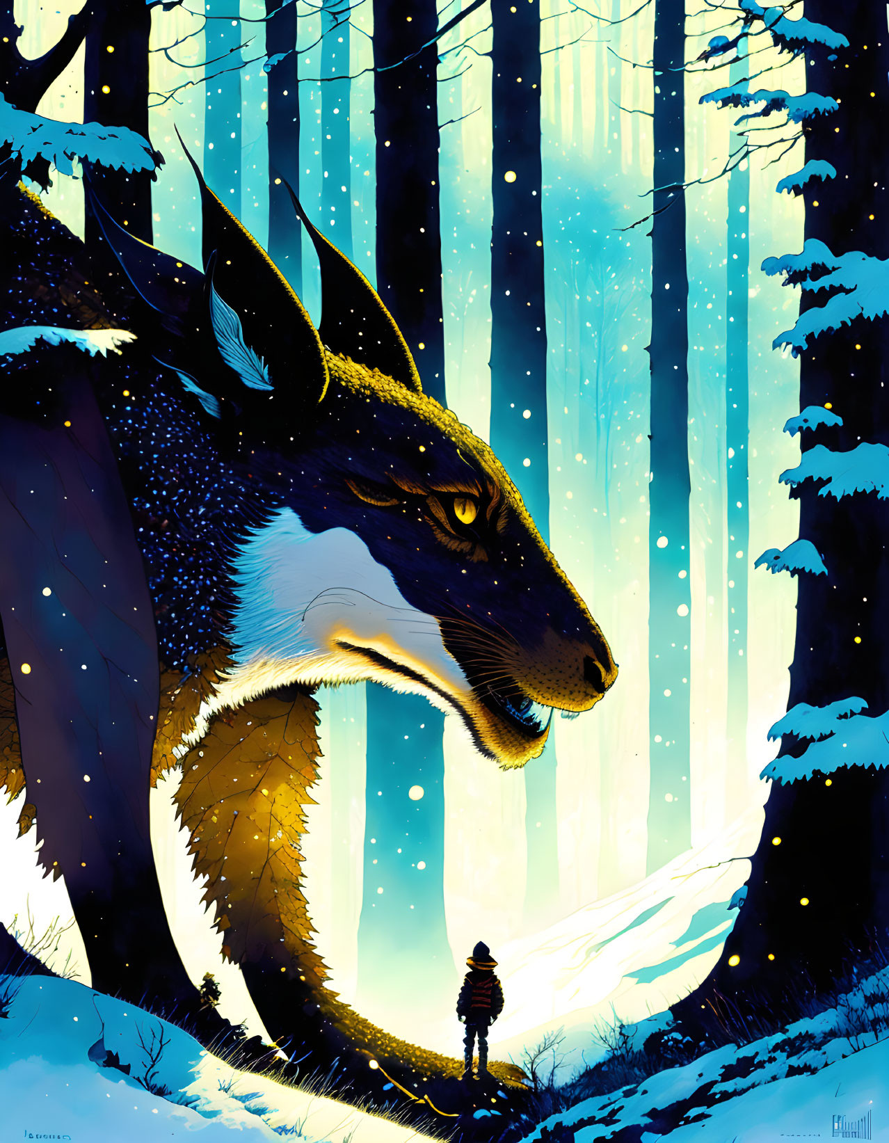 Illustration of dragon with antlers in snowy forest meeting human in sunlight