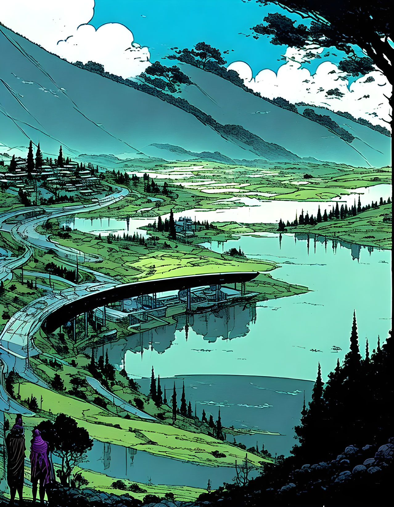 Scenic valley illustration with river, bridge, mountains, and figures