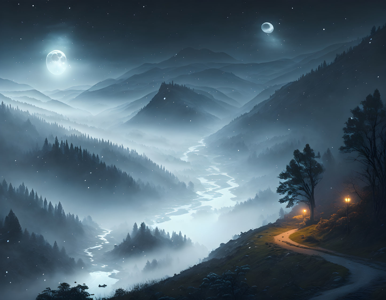 Night landscape: river, mountains, starry sky, two moons, lampposts along forest