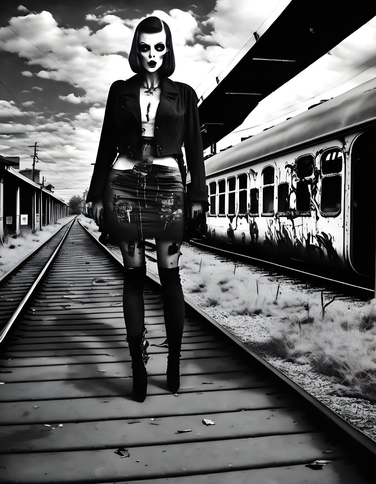 Person with skull-like face makeup on railway tracks beside stationary train under cloudy sky