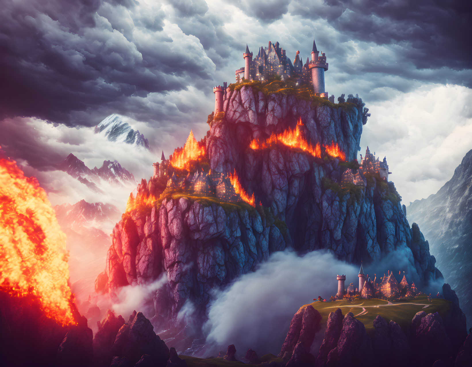 Fantasy castle on cliff with fiery surroundings