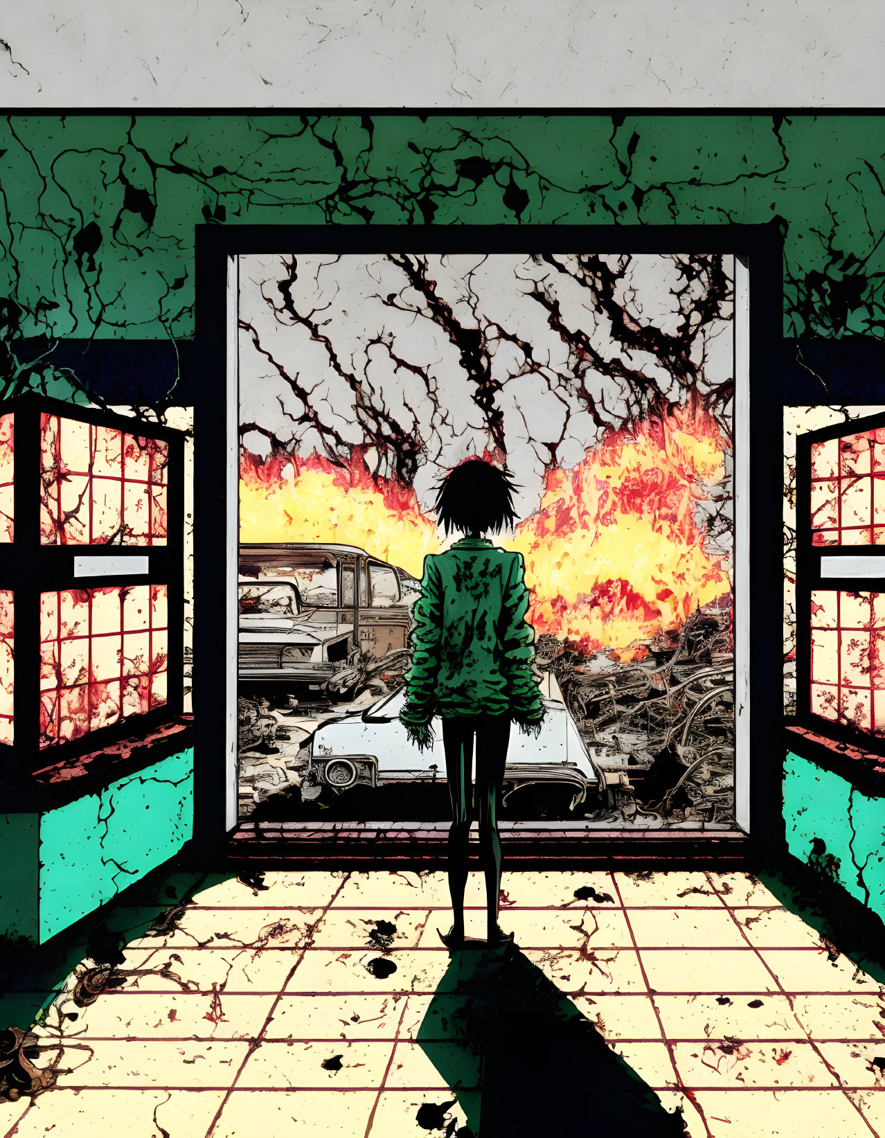 Silhouette in dilapidated room gazes at fiery dystopian landscape