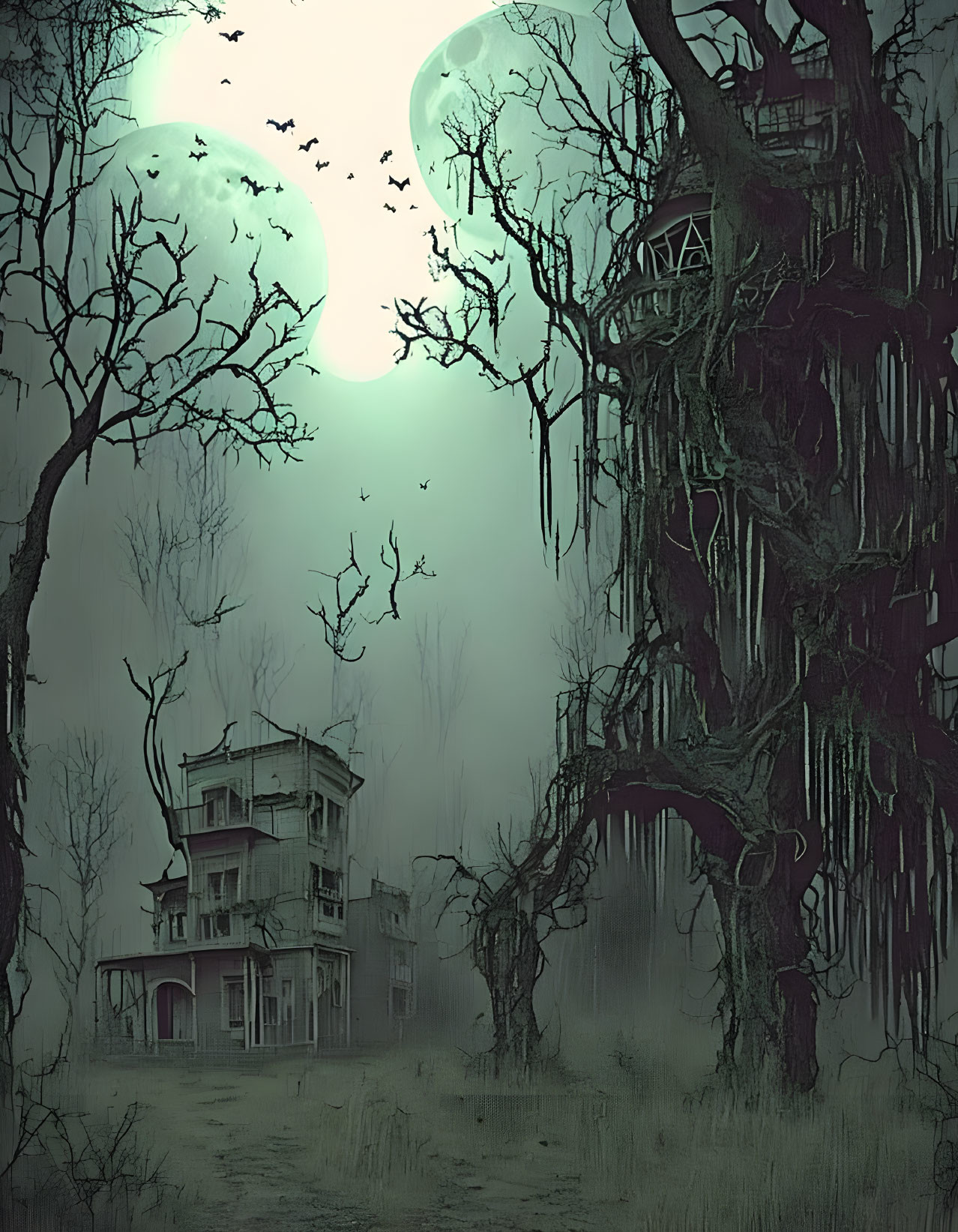 Eerie forest scene with Victorian house, treehouse, moons, and bats