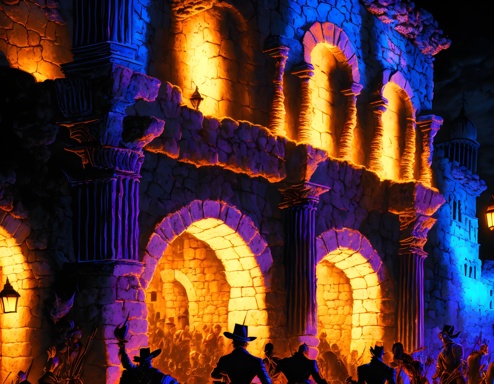 Silhouetted figures in hats before a glowing castle facade at night