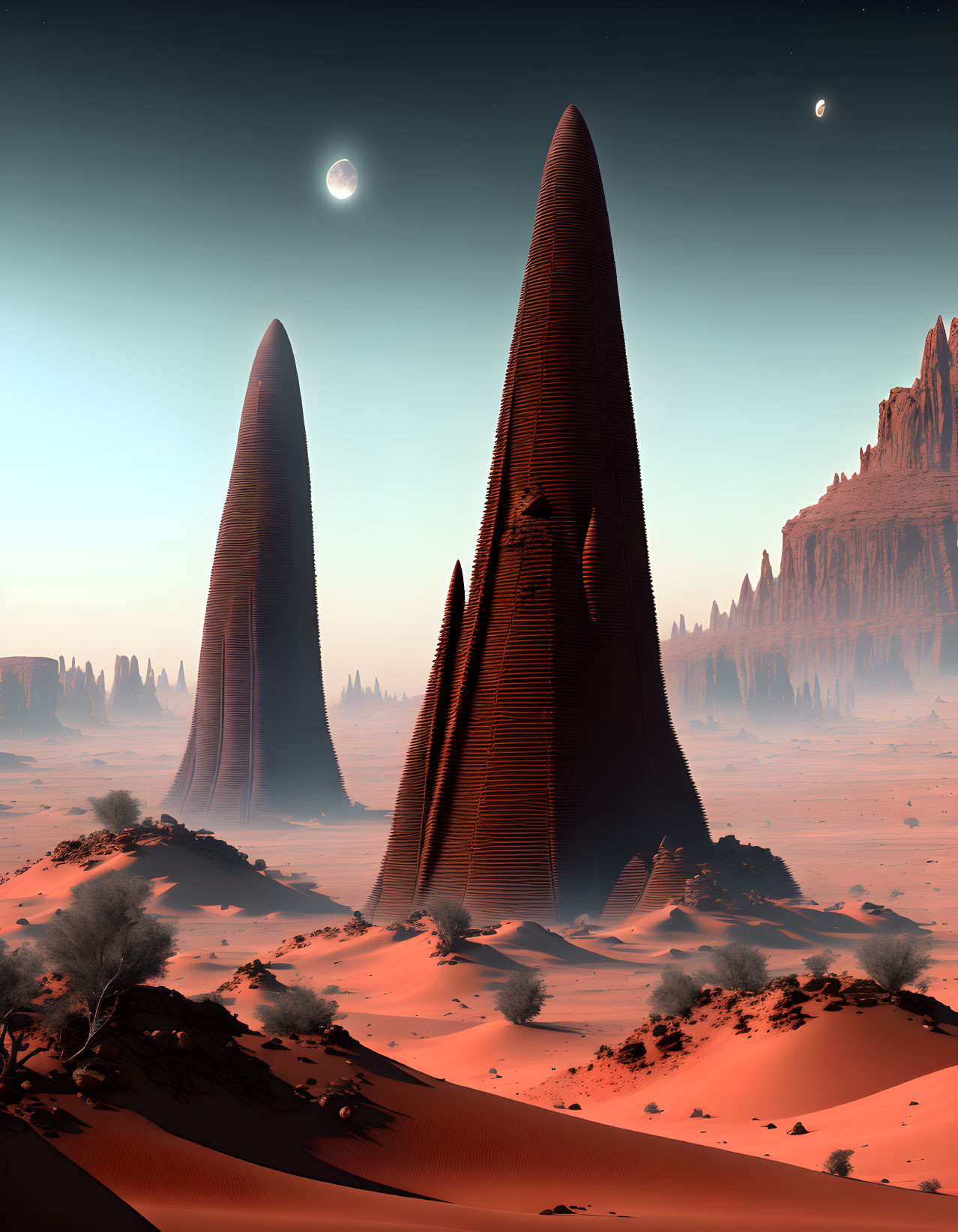 Surreal desert landscape with spire-like rock formations and two moons