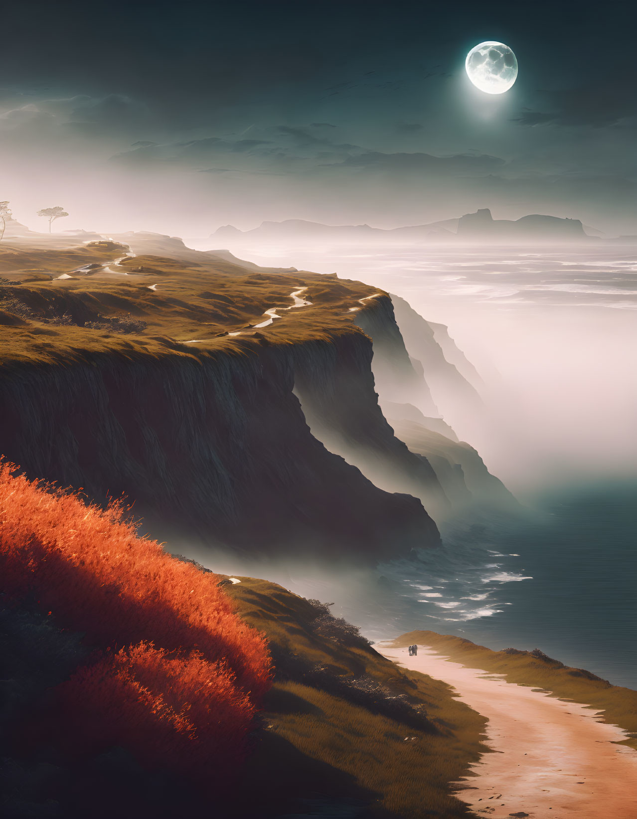 Moonlit cliffside landscape with lone tree and mist-covered valleys