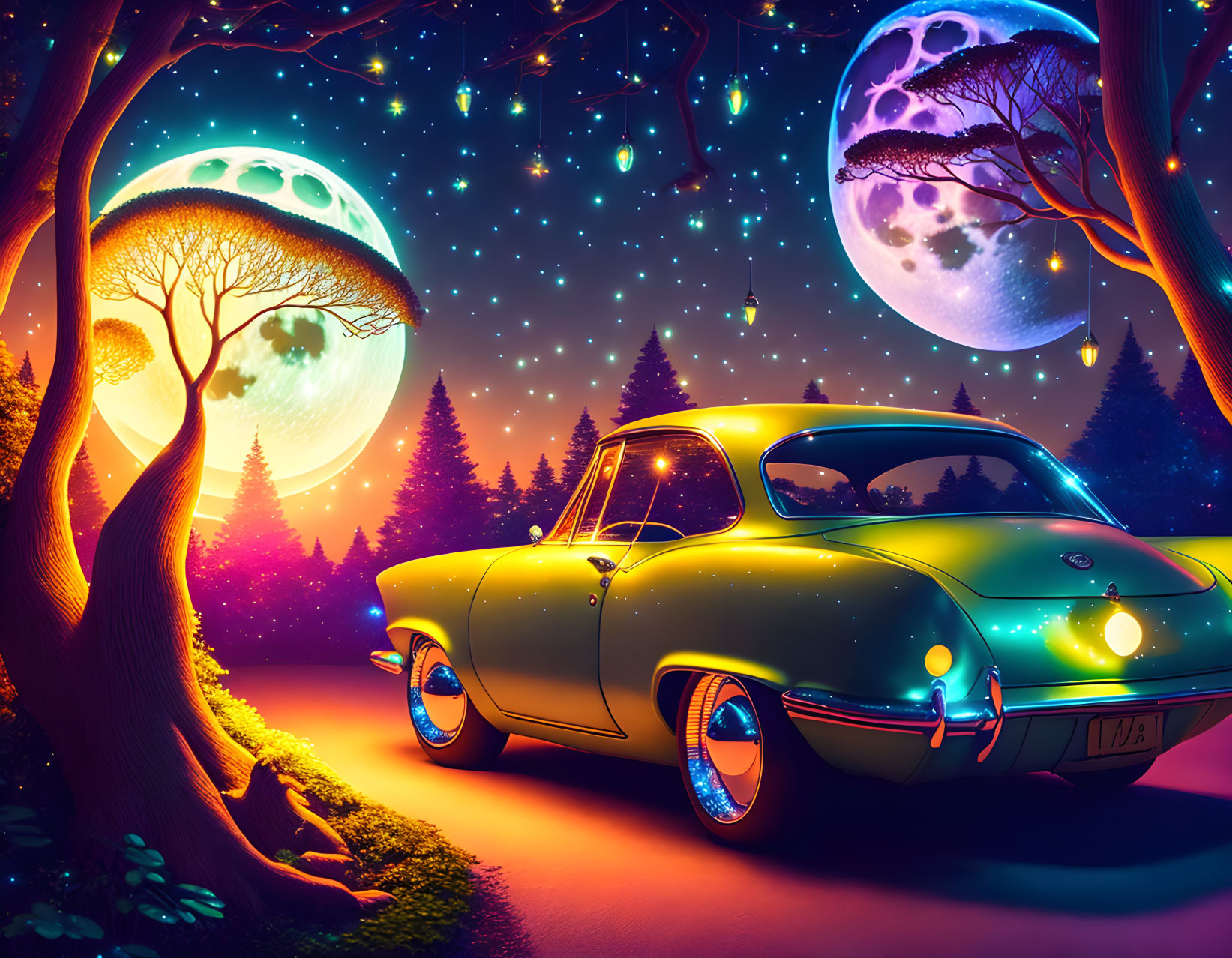 Retro-futuristic scene: classic car under multiple moons.