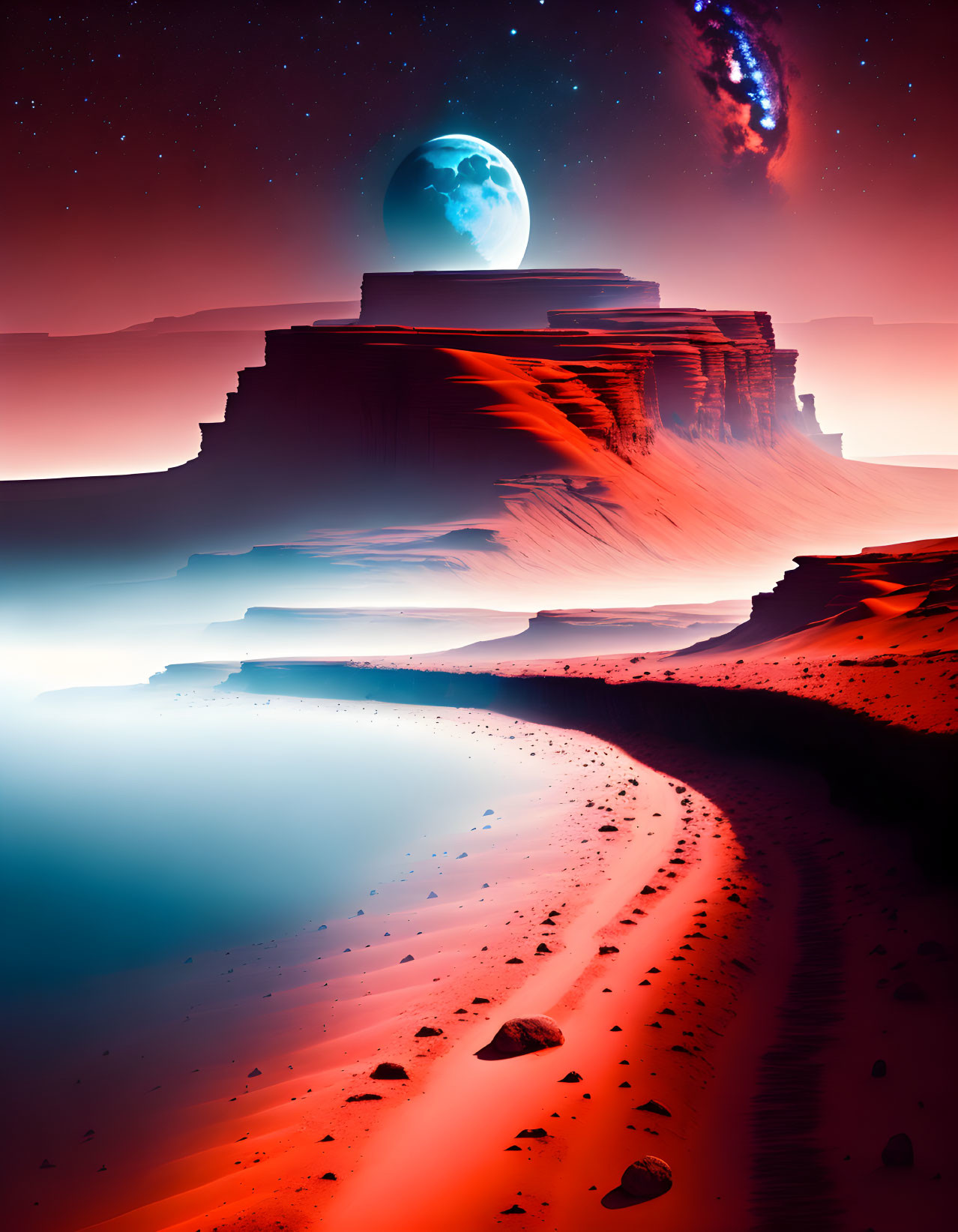 Surreal landscape with large moon, layered rock formations, starry sky, galaxy on vivid backdrop