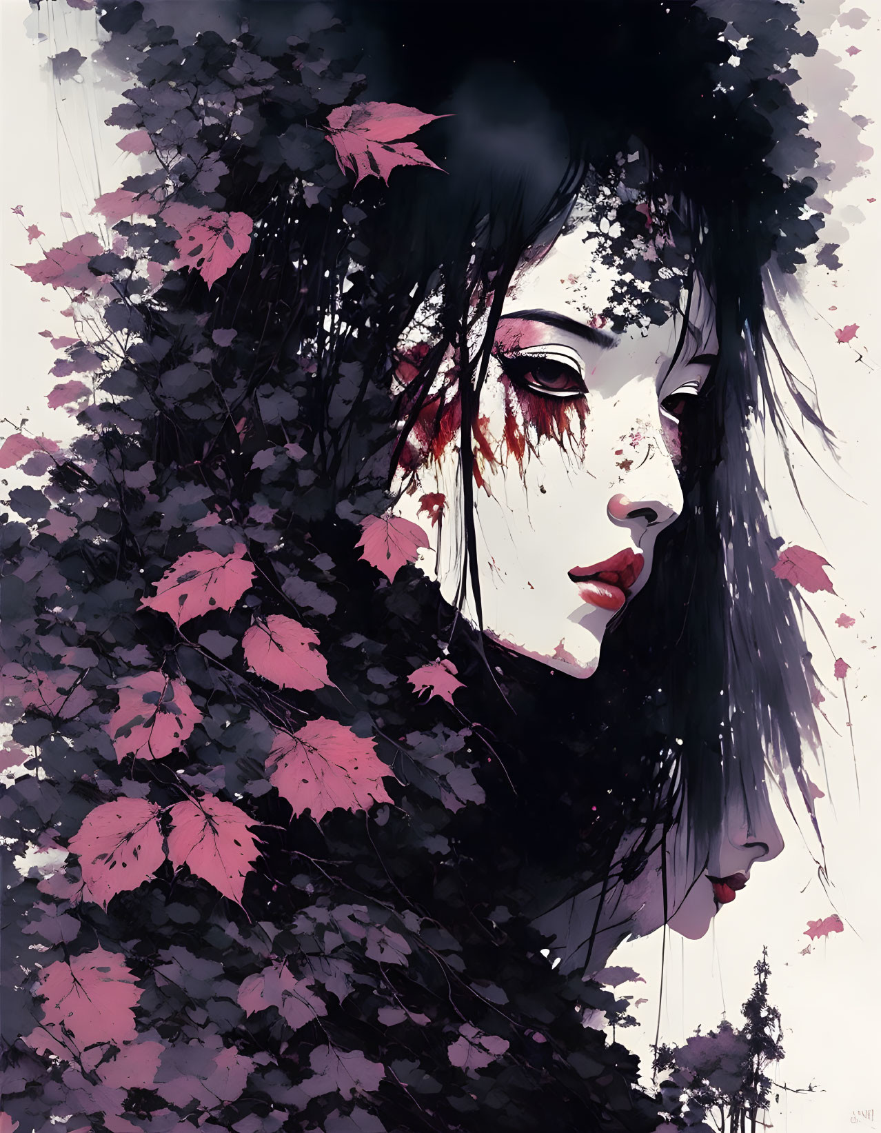 Illustration: Pale-skinned woman with dark hair and red makeup, veiled by dark leaves on