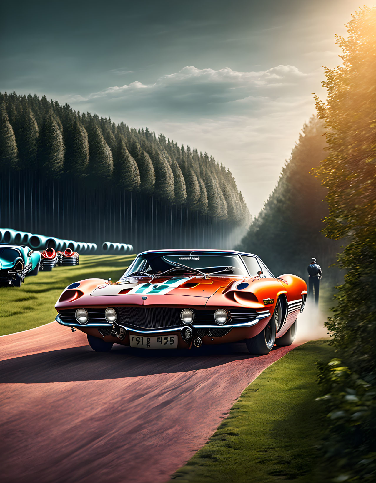 Vintage orange sports car speeds on forest road with futuristic hovering vehicles and observer.