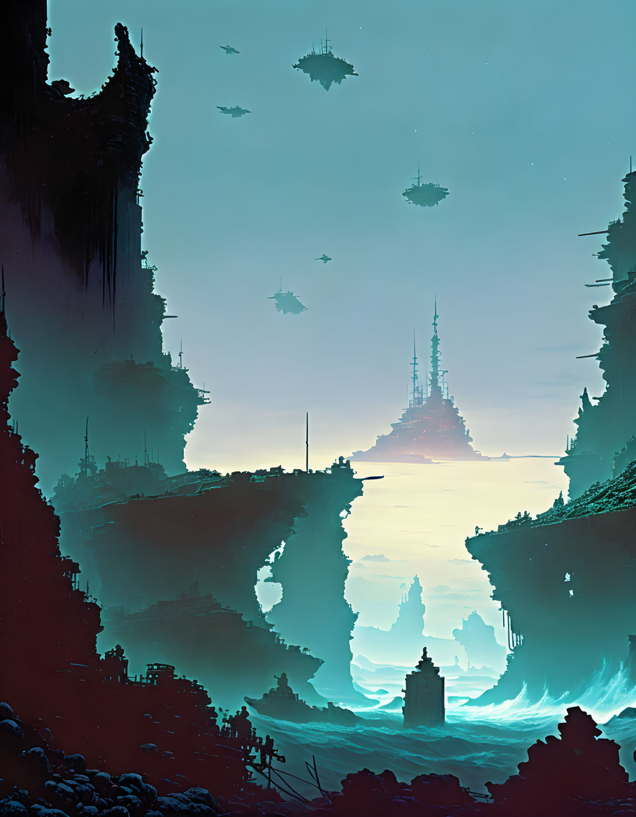 Surreal vertical landscape with cliffs, floating islands, spires, under twilight sky