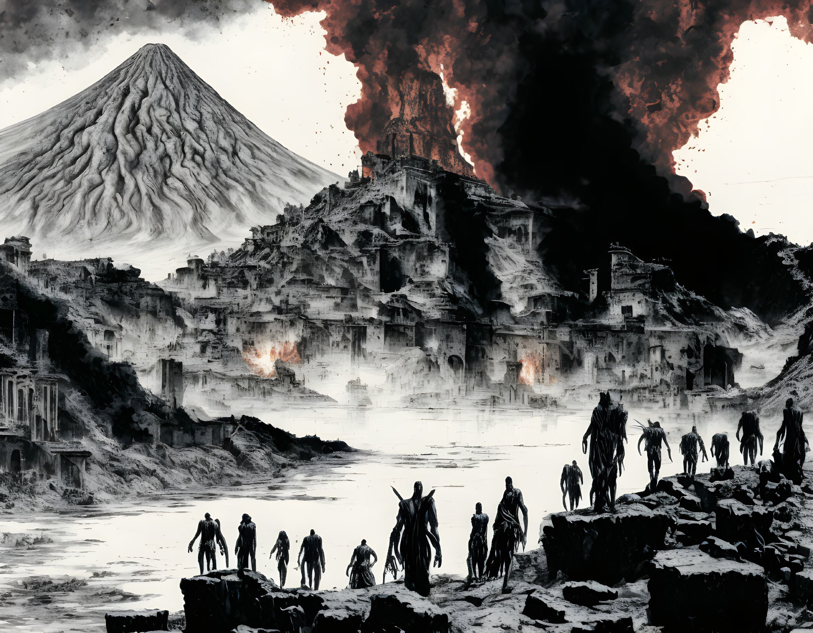 Group of figures in devastated landscape with erupting volcanoes and ruins