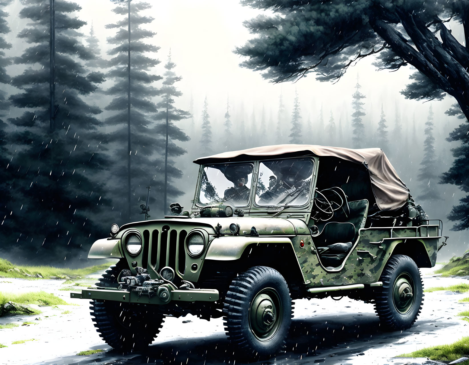 Vintage Military Jeep Parked in Snowy Forest Path