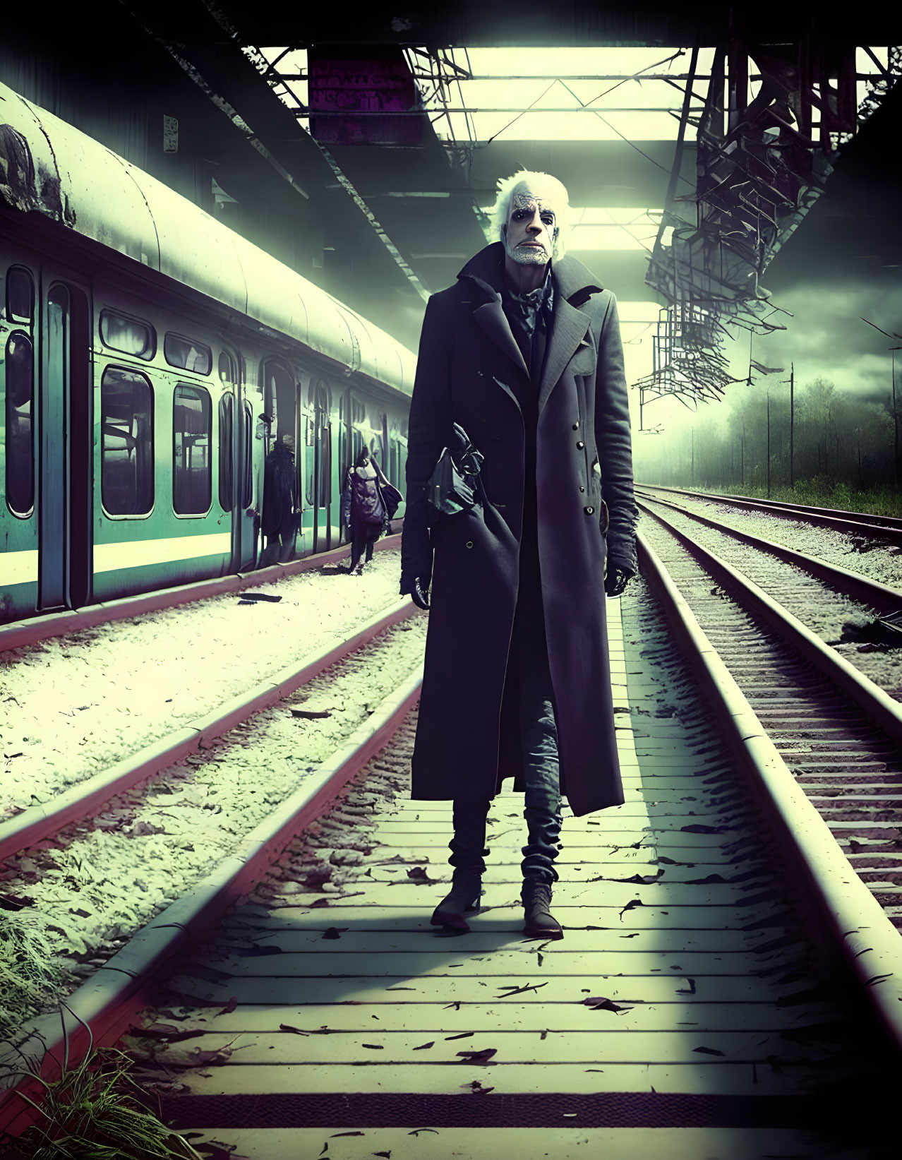 Stylized image of man in long coat on railway track