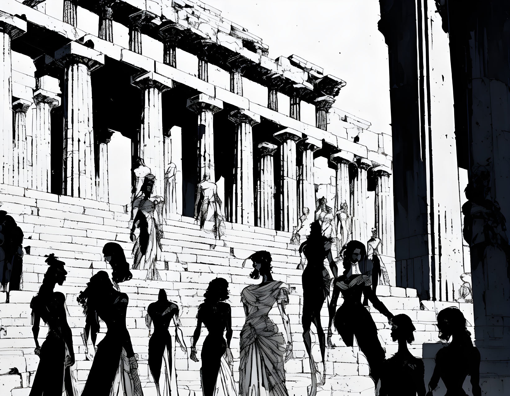 Monochrome illustration of classical Greek architecture with stylized figures in ancient attire.