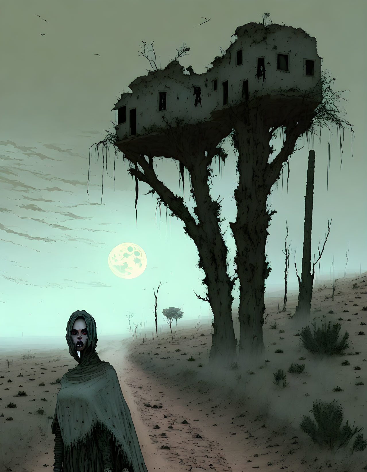 Full Moon Night: Desert Landscape with Cloaked Figure, Tree, and Ruined House