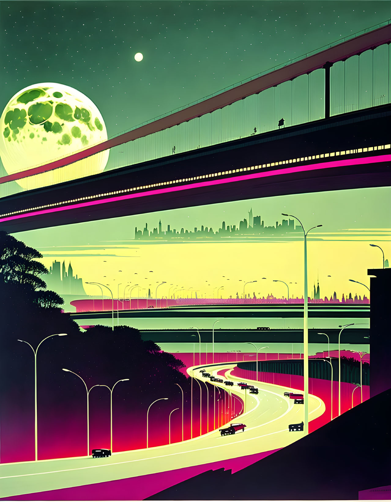 Layered highways, neon colors, green moon in futuristic cityscape