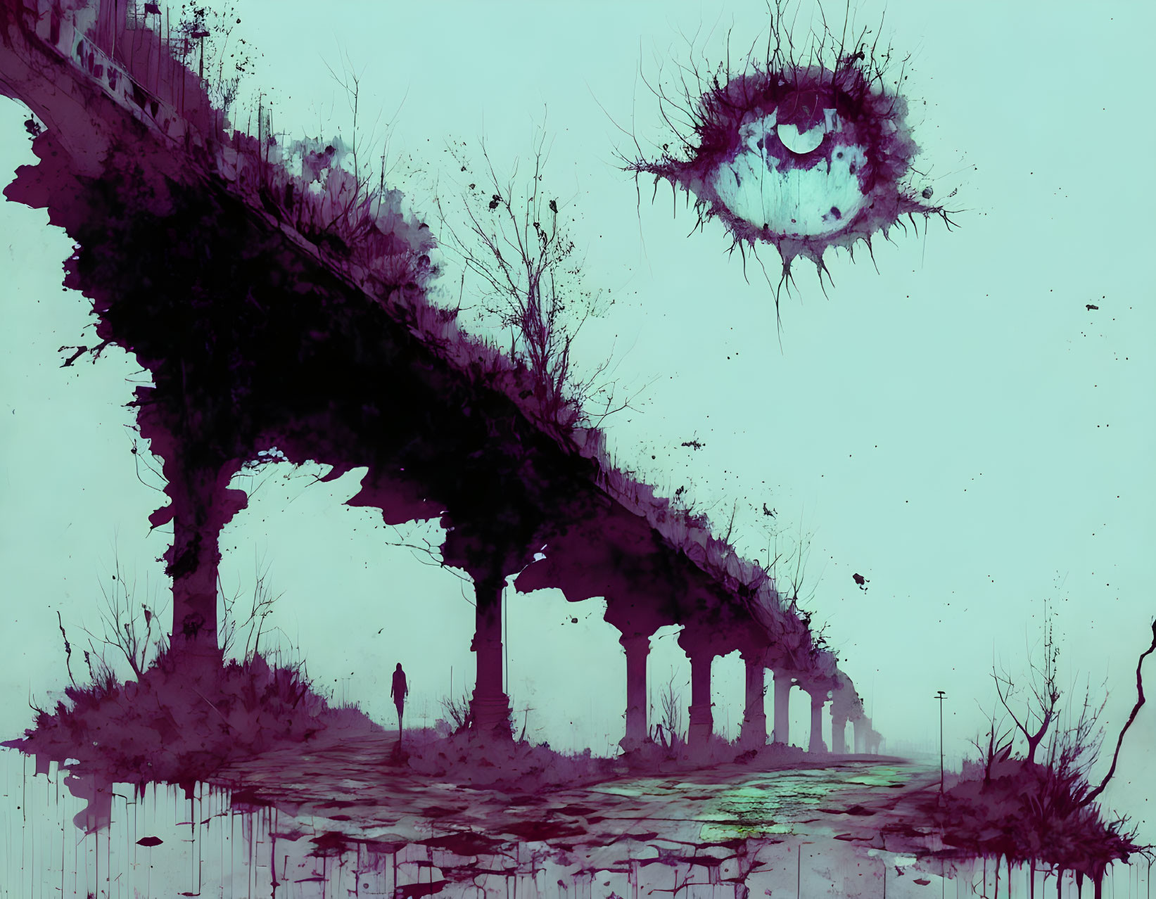 Surreal digital art: Dissolving bridge, giant eye, solitary figure, teal backdrop