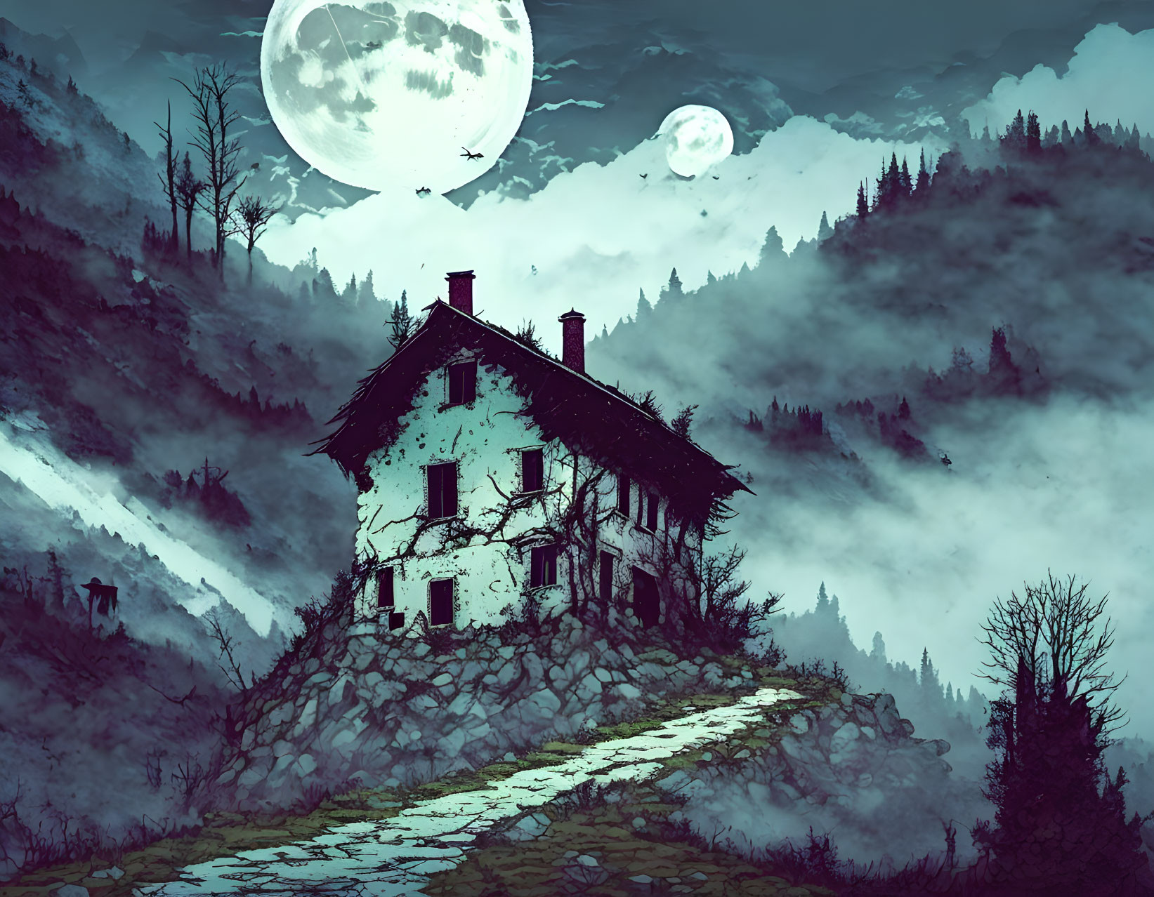 Solitary house on foggy hill under night sky with two moons