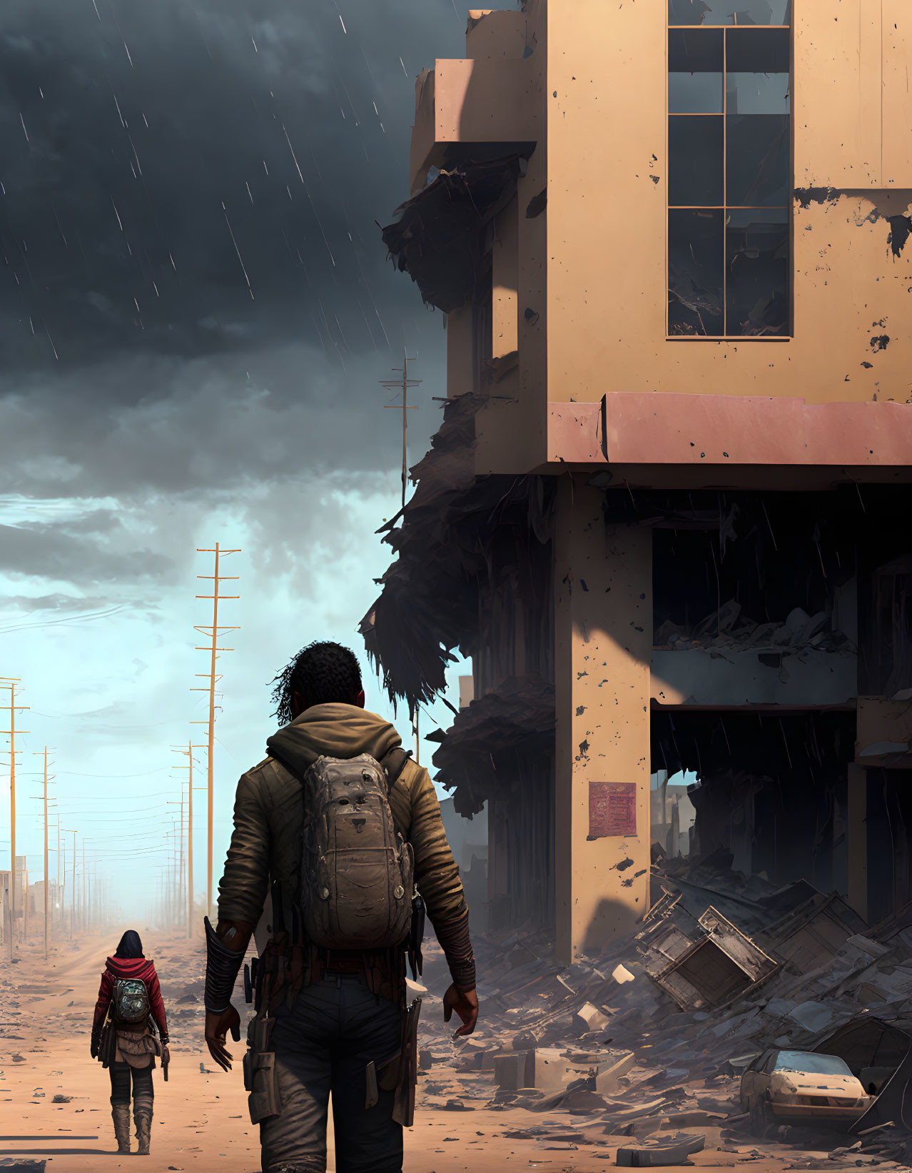 Person with backpack walking in desolate cityscape with child under stormy sky