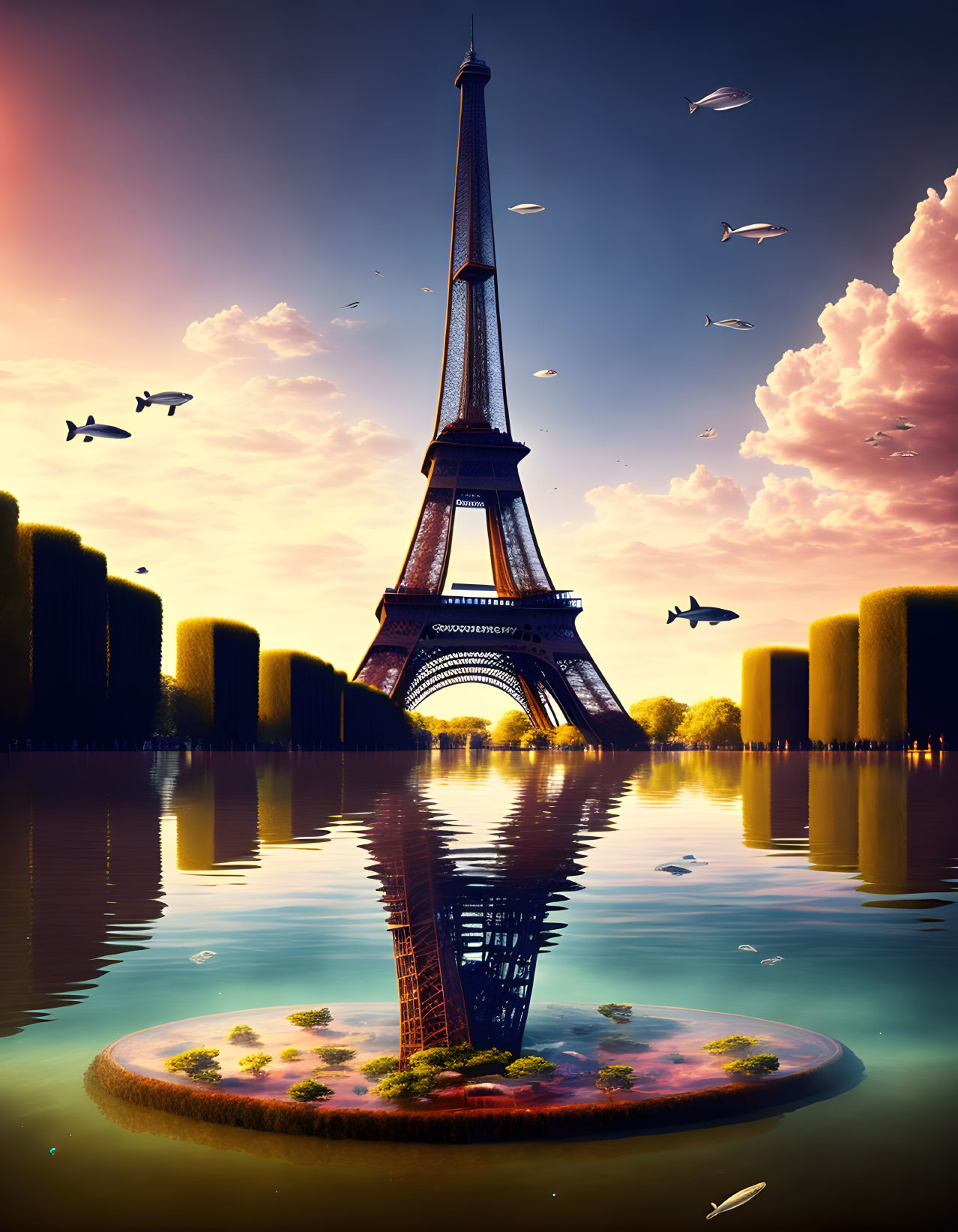 Surreal Eiffel Tower Artwork with Water, Hedges, Sky, and Birds