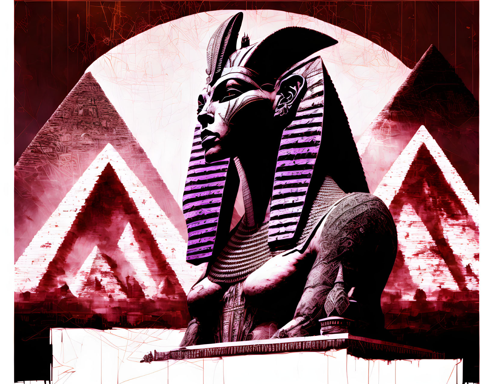 Stylized digital artwork: Great Sphinx of Giza profile with pink and black pyramids