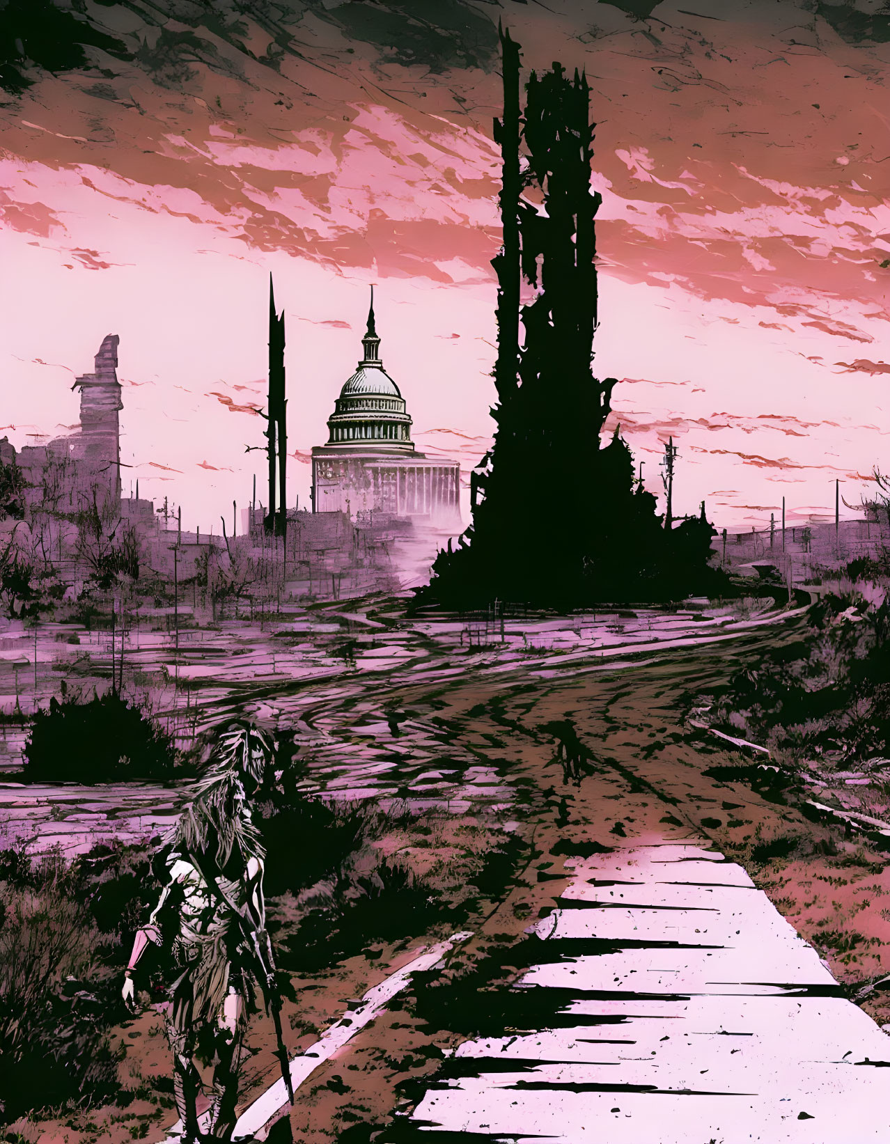 Solitary figure walking on desolate road to ruined cityscape under pink sky