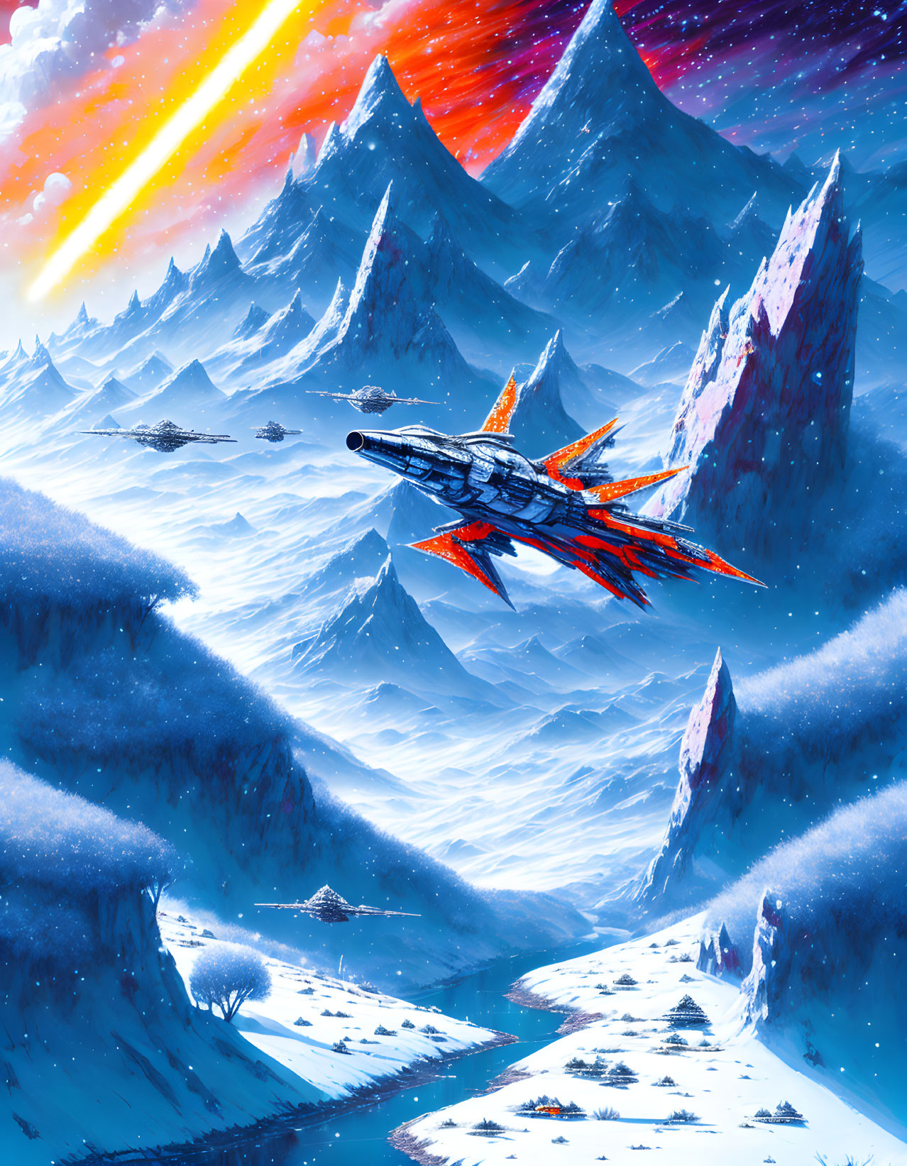 Futuristic orange spaceship over snowy mountain landscape