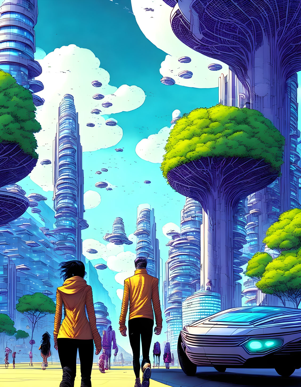 Two people in yellow tops stroll towards futuristic cityscape with towering buildings, lush tree canopies, and