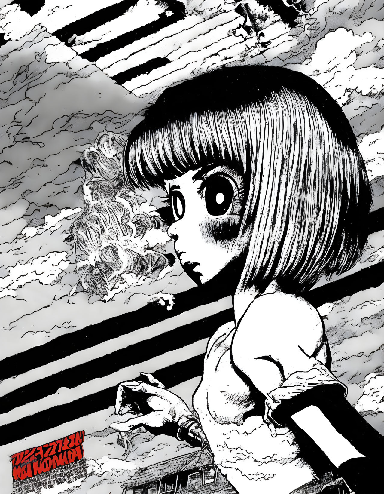 Wide-eyed girl with short hair in dramatic manga illustration