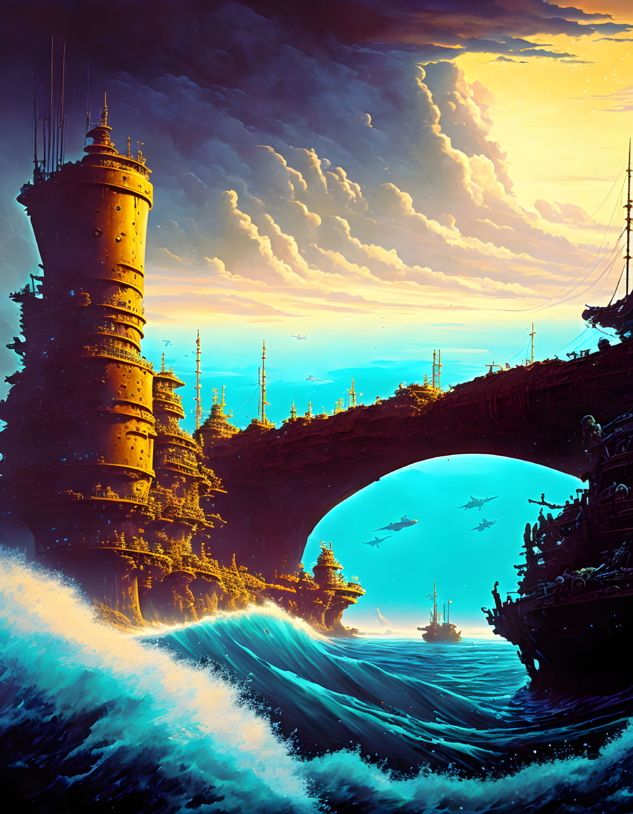 Fantastical seascape with towering cliffs, bridge, ships, and dramatic sky