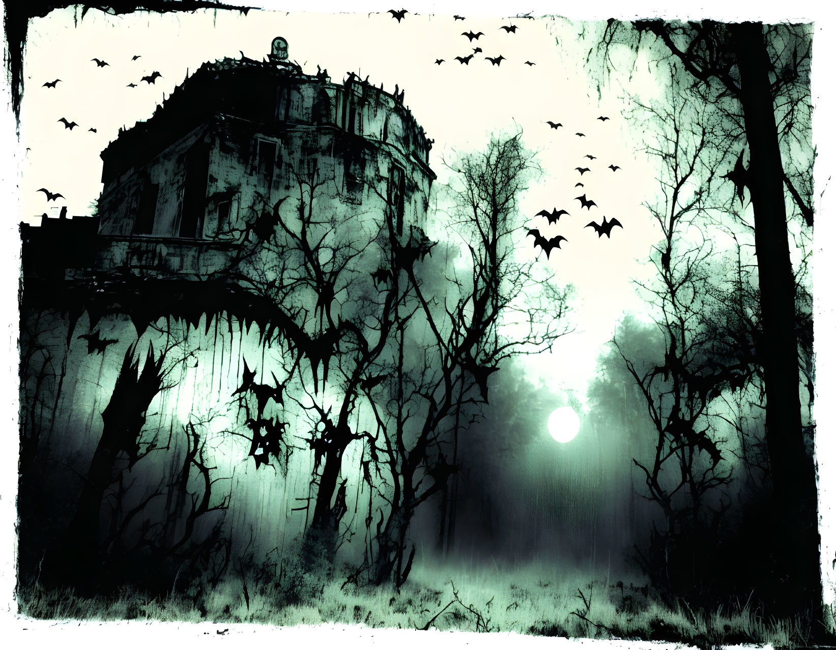 Eerie Gothic Mansion Scene with Bats and Full Moon