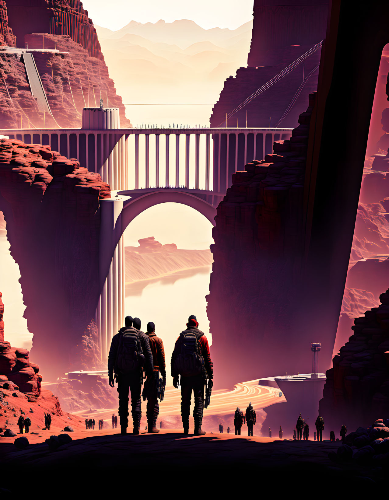 Astronauts near futuristic bridge on alien planet