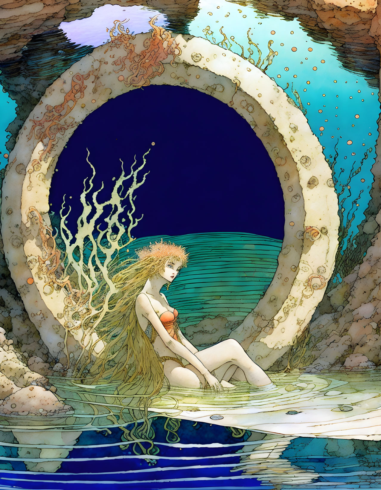 Woman sitting by circular underwater gate with coral, reflection on water surface, tranquil aquatic backdrop.