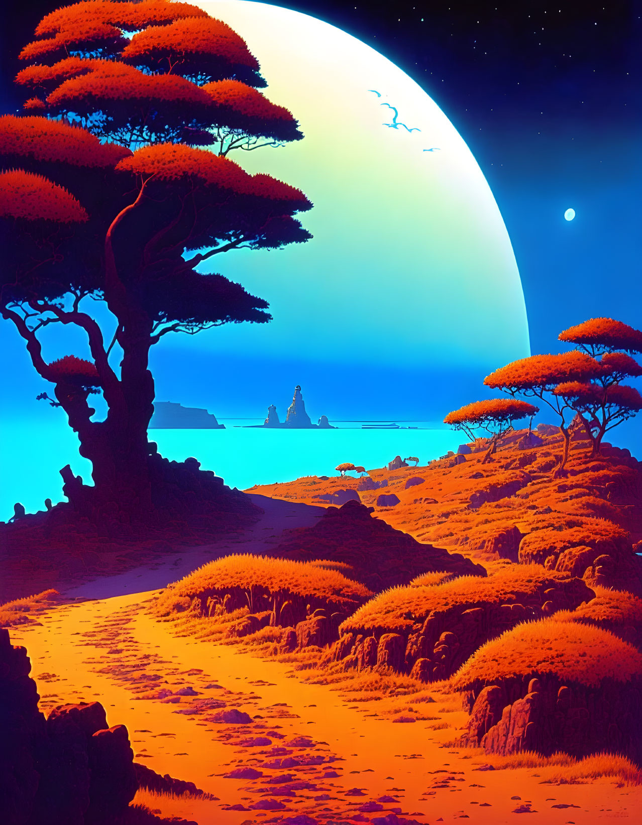 Red Flora, Large Moon, Tranquil Sea: Sci-Fi Landscape with Starry Sky