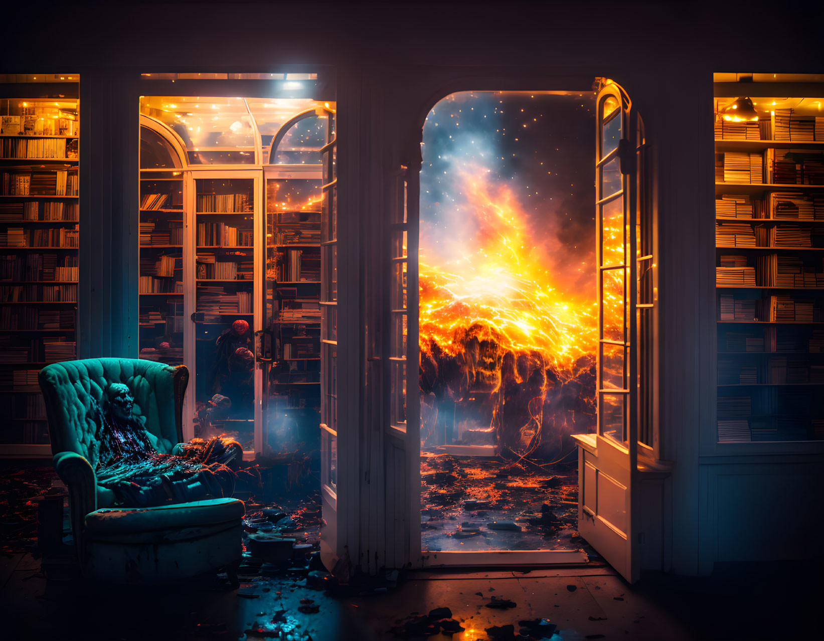 Library with armchair, books, and fiery explosion view.